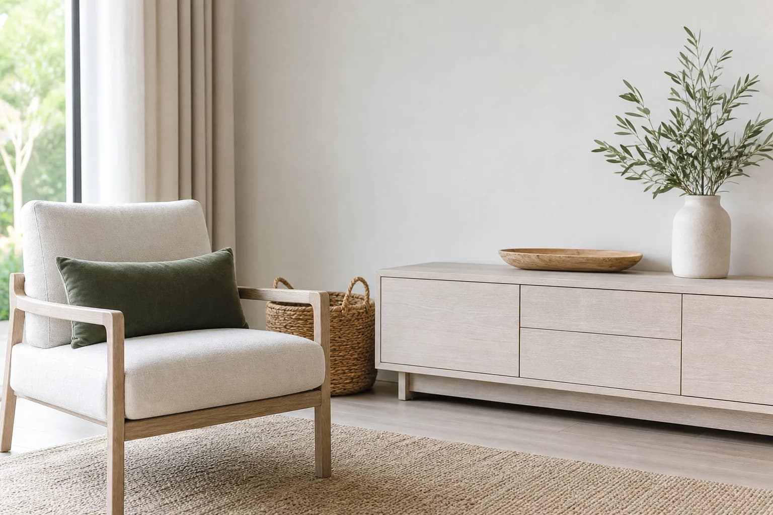 White washed TV unit with a green velvet cushion in a bright living room