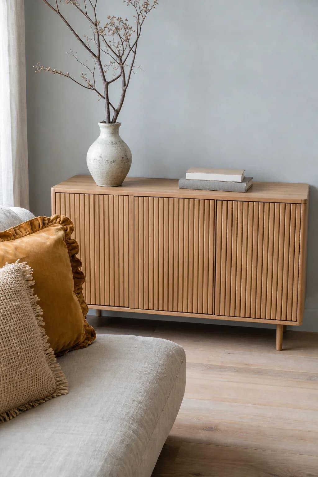 Natural oak Linden sideboard in a calm living room with cushions