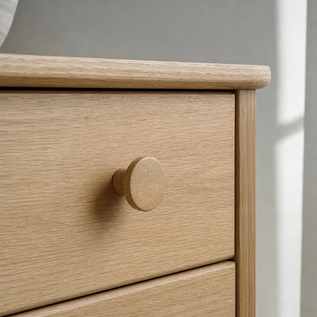 Close view of an oak drawer front and wooden knob